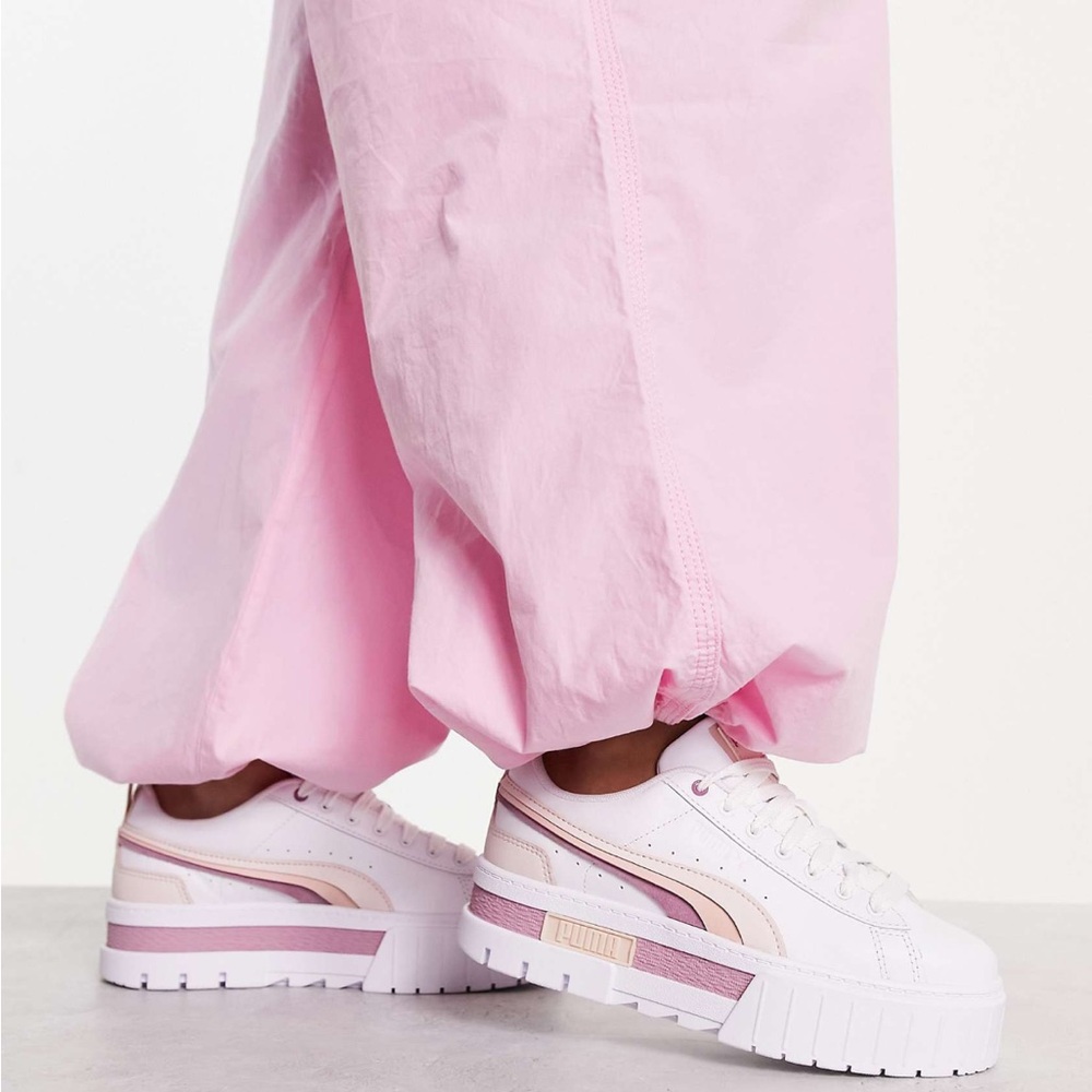 PUMA Mayze triple stripe sneakers in white with pink detail